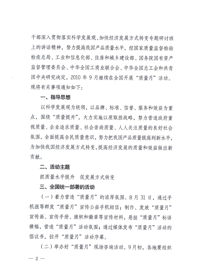 國家質量監(jiān)督檢驗檢疫總局、工業(yè)和信息化部、住房和城鄉(xiāng)建設部、國務院國有資產監(jiān)督管理委員會、中華全國工商業(yè)聯(lián)合會、中華全國總工會、共青團中央《關于開展2010年全國“質量月”活動的通知》